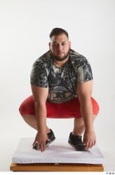 Whole Body Man White Casual Shirt Shorts Overweight Kneeling Studio photo references